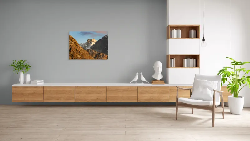Tablou Canvas, "Vârfuri de munte în lumină aurie", Munți, Zăpadă, Răsărit, Forme, Stânci, Cer, Natură, 100 x 70 cm – poza 6