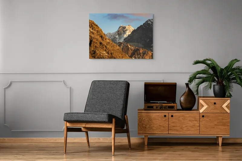 Tablou Canvas, "Vârfuri de munte în lumină aurie", Munți, Zăpadă, Răsărit, Forme, Stânci, Cer, Natură, 100 x 70 cm – poza 8