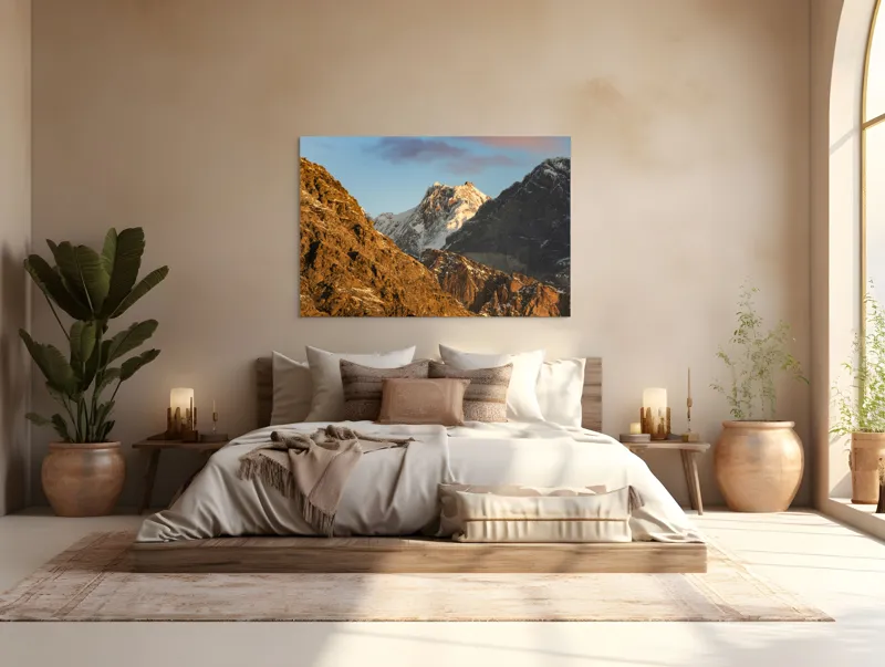 Tablou Canvas, "Vârfuri de munte în lumină aurie", Munți, Zăpadă, Răsărit, Forme, Stânci, Cer, Natură, 150 x 100 cm – poza 4