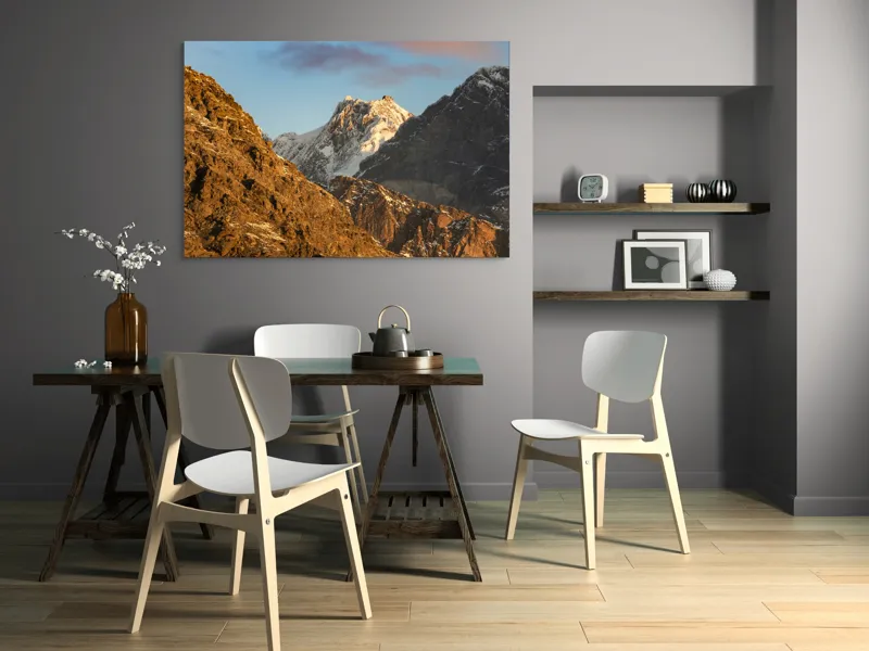 Tablou Canvas, "Vârfuri de munte în lumină aurie", Munți, Zăpadă, Răsărit, Forme, Stânci, Cer, Natură, 150 x 100 cm – poza 5