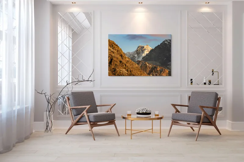 Tablou Canvas, "Vârfuri de munte în lumină aurie", Munți, Zăpadă, Răsărit, Forme, Stânci, Cer, Natură, 150 x 100 cm – poza 7
