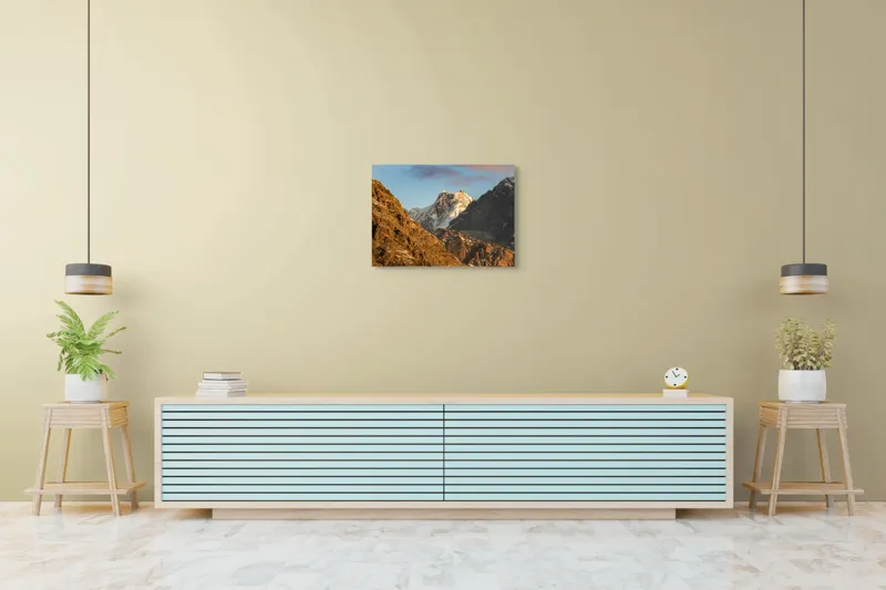 Tablou Canvas, "Vârfuri de munte în lumină aurie", Munți, Zăpadă, Răsărit, Forme, Stânci, Cer, Natură, 70 x 50 cm – poza 7