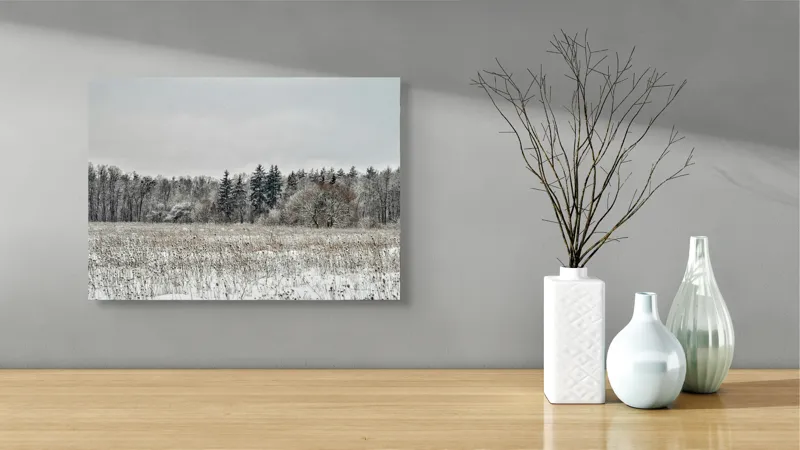 Tablou Canvas, "Iarna în pădurea înghețată și liniștită", Campie, Zapada, Copaci, Iarna, Cer Innorat, Liniste, Natura, 54 x 39 cm – poza 3