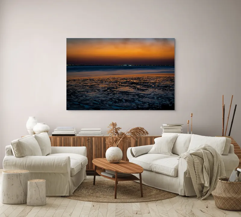 Tablou Canvas, "Apusul viselor pe țărmul tăcerii", Apus, Reflexii, Maree, Siluete, Orizont, Lumină, Texturi, Serenitate, Contrast, Amurg, 150 x 100 cm – poza 3