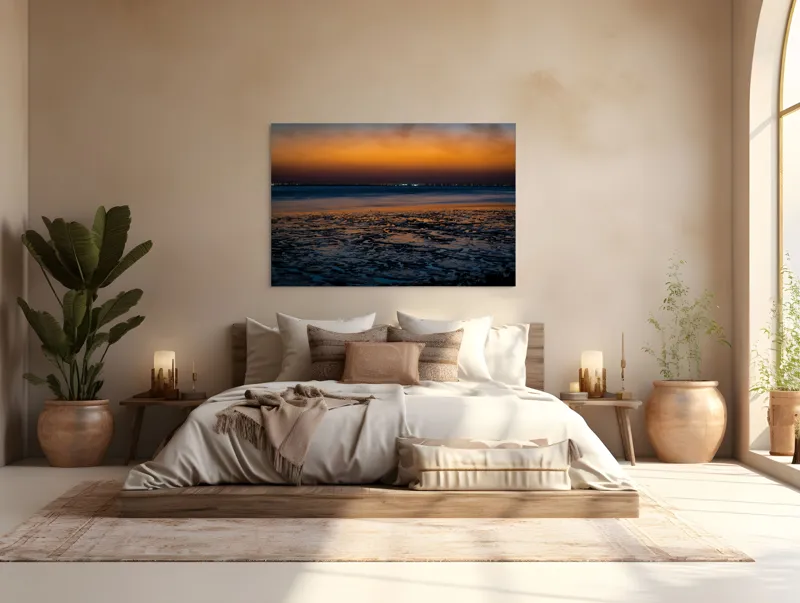 Tablou Canvas, "Apusul viselor pe țărmul tăcerii", Apus, Reflexii, Maree, Siluete, Orizont, Lumină, Texturi, Serenitate, Contrast, Amurg, 150 x 100 cm – poza 4
