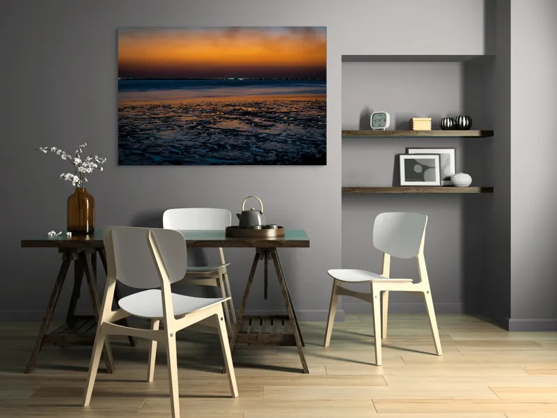 Tablou Canvas, "Apusul viselor pe țărmul tăcerii", Apus, Reflexii, Maree, Siluete, Orizont, Lumină, Texturi, Serenitate, Contrast, Amurg, 150 x 100 cm – poza 5