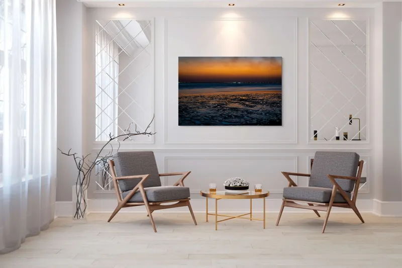 Tablou Canvas, "Apusul viselor pe țărmul tăcerii", Apus, Reflexii, Maree, Siluete, Orizont, Lumină, Texturi, Serenitate, Contrast, Amurg, 150 x 100 cm – poza 7