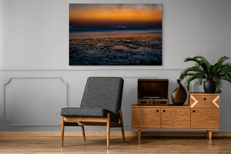 Tablou Canvas, "Apusul viselor pe țărmul tăcerii", Apus, Reflexii, Maree, Siluete, Orizont, Lumină, Texturi, Serenitate, Contrast, Amurg, 150 x 100 cm – poza 8