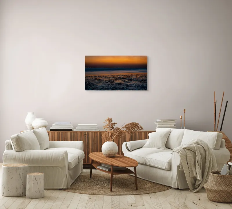 Tablou Canvas, "Apusul viselor pe țărmul tăcerii", Apus, Reflexii, Maree, Siluete, Orizont, Lumină, Texturi, Serenitate, Contrast, Amurg, 90 x 50 cm – poza 4