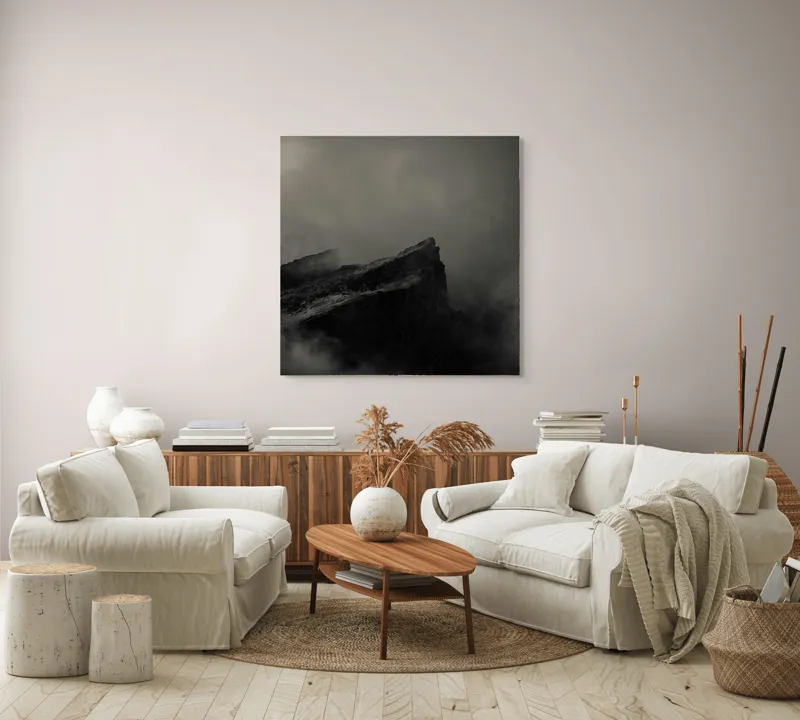 Tablou Canvas, "Misterele Munților Încețoșați Ai Nopții", Cetate, Negură, Mister, Sumbre, Vârf, Dramatic, Înălțime, Roci, Pătrunzător, Frig., 100 x 100 cm – poza 3