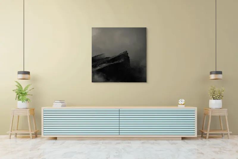Tablou Canvas, "Misterele Munților Încețoșați Ai Nopții", Cetate, Negură, Mister, Sumbre, Vârf, Dramatic, Înălțime, Roci, Pătrunzător, Frig., 100 x 100 cm – poza 5
