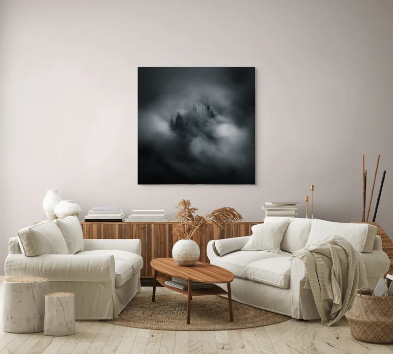 Tablou Canvas, "Misterul pădurii învăluite de cețuri", Nor, Ceață, Pădure, Mister, Întunecat, Spectral, Visător, Tăcere, 100 x 100 cm – poza 3