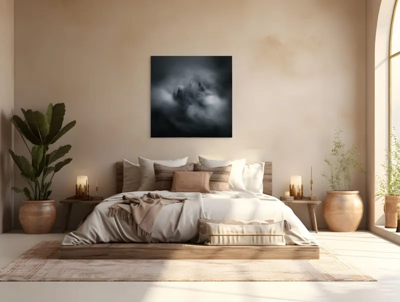 Tablou Canvas, "Misterul pădurii învăluite de cețuri", Nor, Ceață, Pădure, Mister, Întunecat, Spectral, Visător, Tăcere, 100 x 100 cm – poza 4