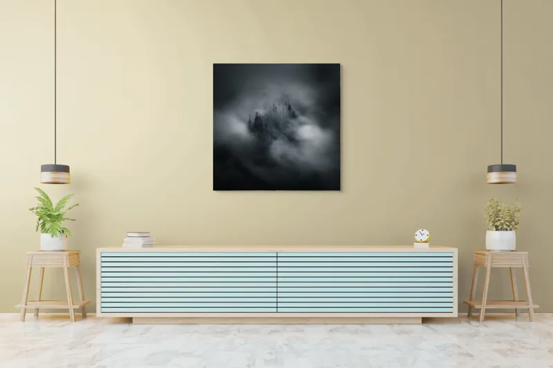 Tablou Canvas, "Misterul pădurii învăluite de cețuri", Nor, Ceață, Pădure, Mister, Întunecat, Spectral, Visător, Tăcere, 100 x 100 cm – poza 5