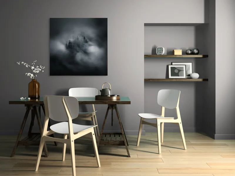 Tablou Canvas, "Misterul pădurii învăluite de cețuri", Nor, Ceață, Pădure, Mister, Întunecat, Spectral, Visător, Tăcere, 100 x 100 cm – poza 6