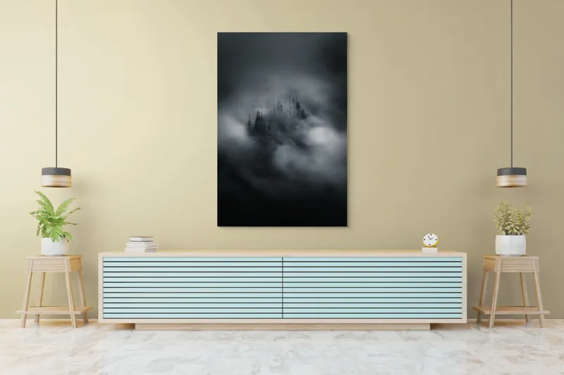 Tablou Canvas, "Misterul pădurii învăluite de cețuri", Nor, Ceață, Pădure, Mister, Întunecat, Spectral, Visător, Tăcere, 100 x 150 cm – poza 4