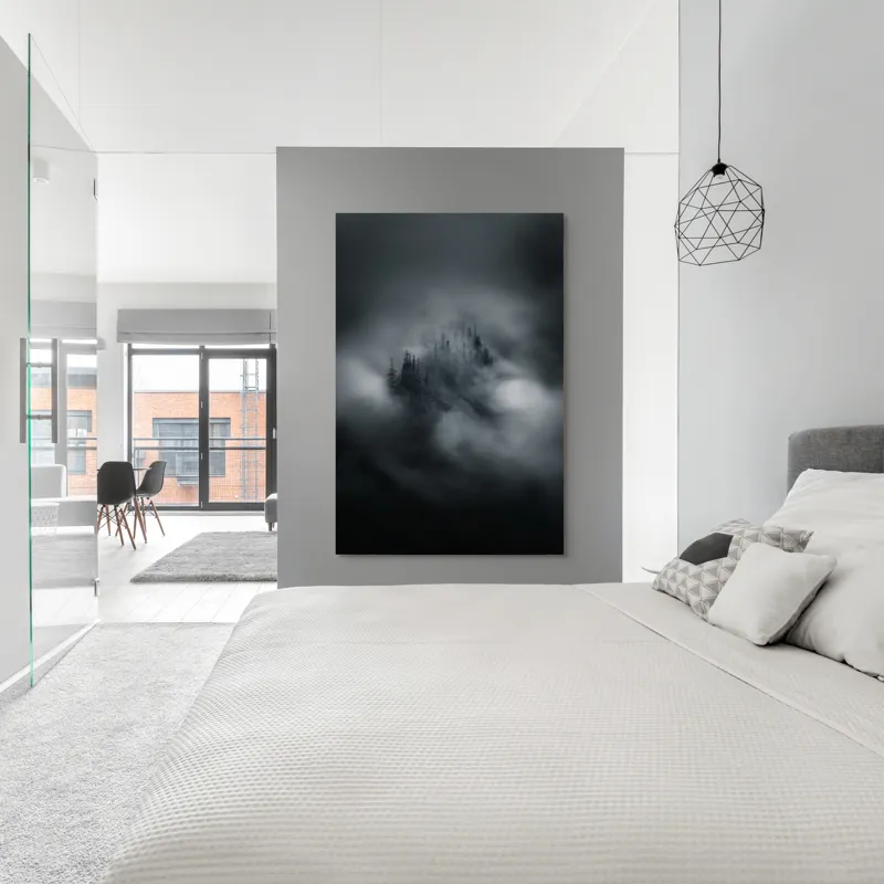 Tablou Canvas, "Misterul pădurii învăluite de cețuri", Nor, Ceață, Pădure, Mister, Întunecat, Spectral, Visător, Tăcere, 100 x 150 cm – poza 5