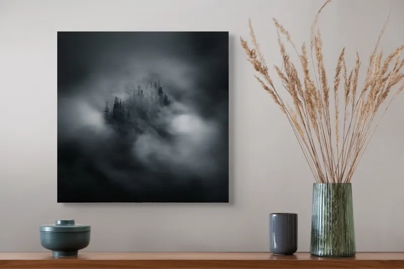 Tablou Canvas, "Misterul pădurii învăluite de cețuri", Nor, Ceață, Pădure, Mister, Întunecat, Spectral, Visător, Tăcere, 50 x 50 cm – poza 4