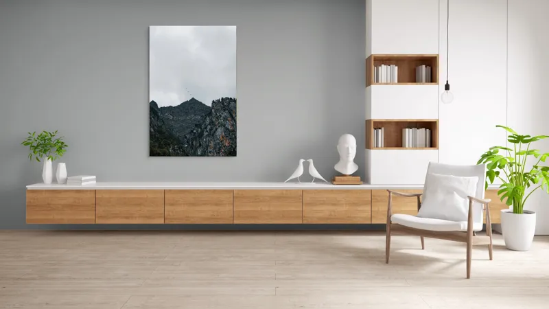 Tablou Canvas, "Zborul păsărilor deasupra munților stâncoși", Norii, Vârfuri, Pădure, Stânci, Păsări, Cer, Peisaj, 100 x 150 cm – poza 8
