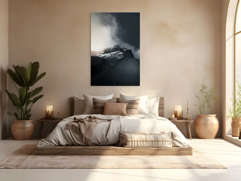 Tablou Canvas, "Vârful stâncos în ceață misterioasă", Nor, Munți, Ceață, Noapte, Mister, Vârf, Zăpadă, Înălțime, Întunecat, Lumină, 100 x 150 cm – poza 3