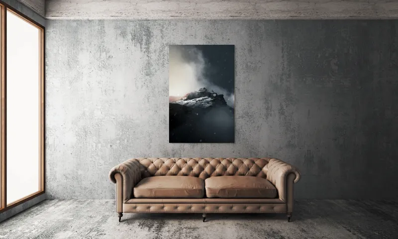 Tablou Canvas, "Vârful stâncos în ceață misterioasă", Nor, Munți, Ceață, Noapte, Mister, Vârf, Zăpadă, Înălțime, Întunecat, Lumină, 100 x 150 cm – poza 6