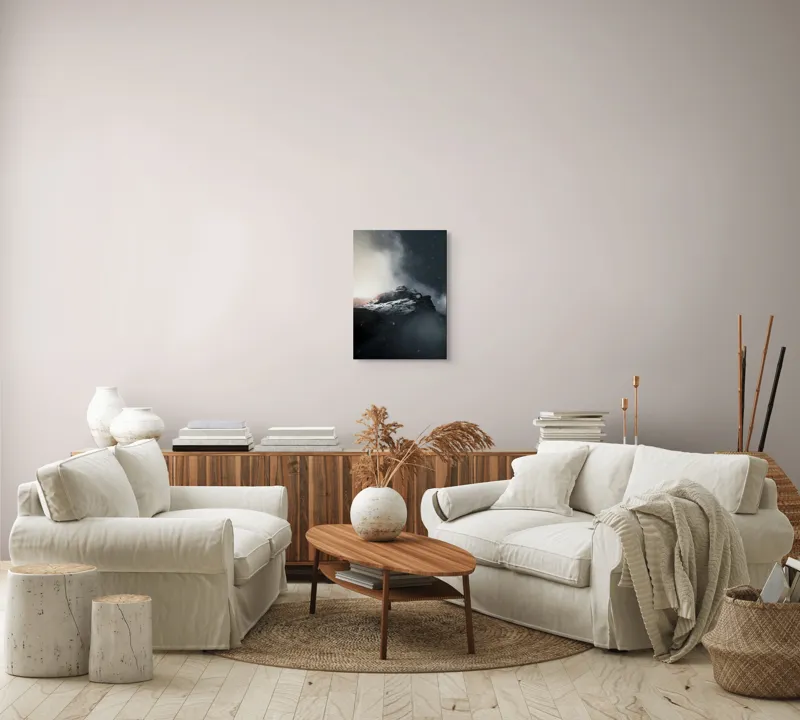 Tablou Canvas, "Vârful stâncos în ceață misterioasă", Nor, Munți, Ceață, Noapte, Mister, Vârf, Zăpadă, Înălțime, Întunecat, Lumină, 39 x 54 cm – poza 5
