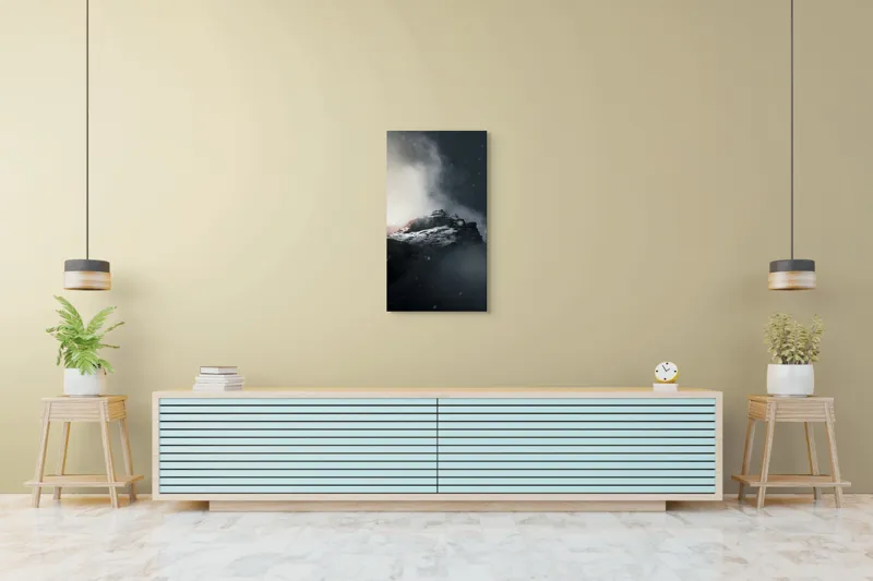 Tablou Canvas, "Vârful stâncos în ceață misterioasă", Nor, Munți, Ceață, Noapte, Mister, Vârf, Zăpadă, Înălțime, Întunecat, Lumină, 50 x 90 cm – poza 6