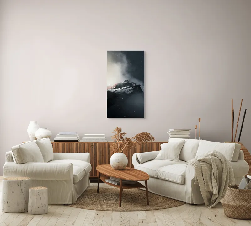Tablou Canvas, "Vârful stâncos în ceață misterioasă", Nor, Munți, Ceață, Noapte, Mister, Vârf, Zăpadă, Înălțime, Întunecat, Lumină, 50 x 90 cm – poza 7