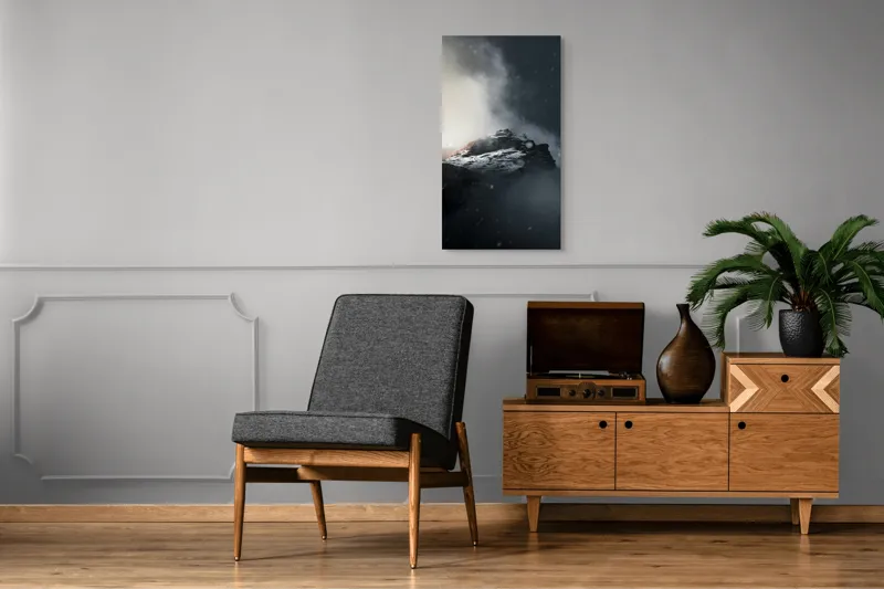 Tablou Canvas, "Vârful stâncos în ceață misterioasă", Nor, Munți, Ceață, Noapte, Mister, Vârf, Zăpadă, Înălțime, Întunecat, Lumină, 50 x 90 cm – poza 8