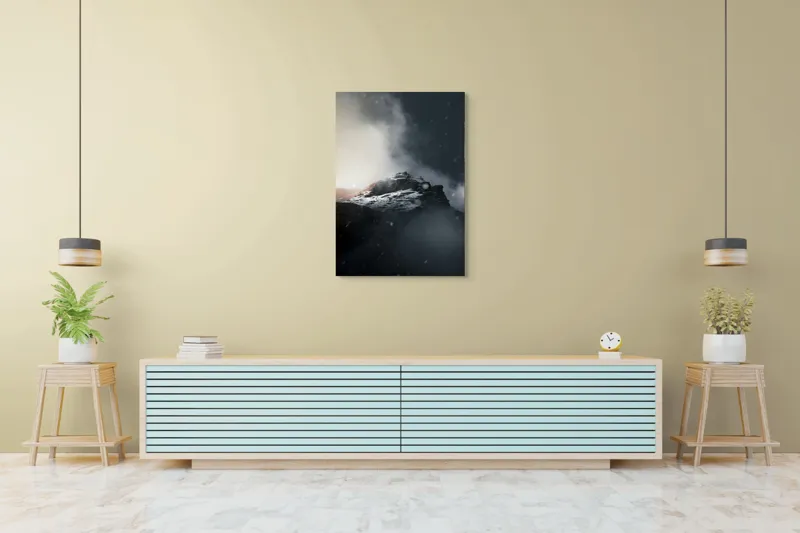 Tablou Canvas, "Vârful stâncos în ceață misterioasă", Nor, Munți, Ceață, Noapte, Mister, Vârf, Zăpadă, Înălțime, Întunecat, Lumină, 70 x 100 cm – poza 5