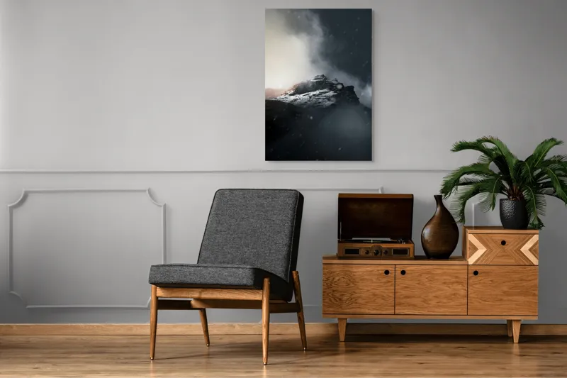 Tablou Canvas, "Vârful stâncos în ceață misterioasă", Nor, Munți, Ceață, Noapte, Mister, Vârf, Zăpadă, Înălțime, Întunecat, Lumină, 70 x 100 cm – poza 6