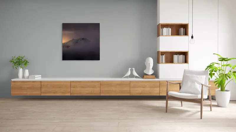 Tablou Canvas, "Răsărit mistic peste vârfuri ascunse", Munte, Zori, Noroi, Seninătate, Vârf, Întuneric, Lumină, 100 x 100 cm – poza 8