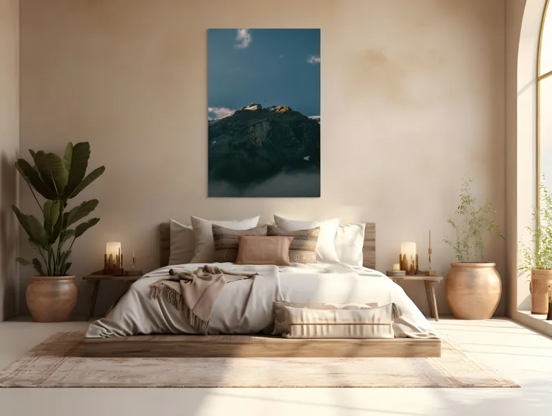 Tablou Canvas, "Lumina dimineții pe vârful muntelui", Munte, Nor, Apus, Raze, Piatra, Cer, Umbra, Lumină, 100 x 150 cm – poza 3