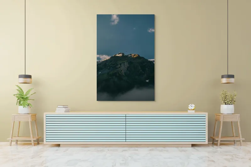 Tablou Canvas, "Lumina dimineții pe vârful muntelui", Munte, Nor, Apus, Raze, Piatra, Cer, Umbra, Lumină, 100 x 150 cm – poza 4