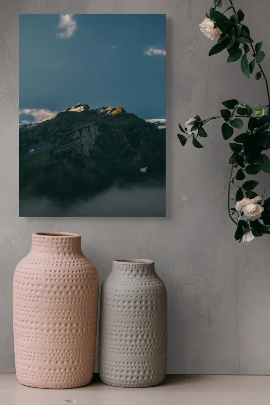 Tablou Canvas, "Lumina dimineții pe vârful muntelui", Munte, Nor, Apus, Raze, Piatra, Cer, Umbra, Lumină, 39 x 54 cm – poza 6