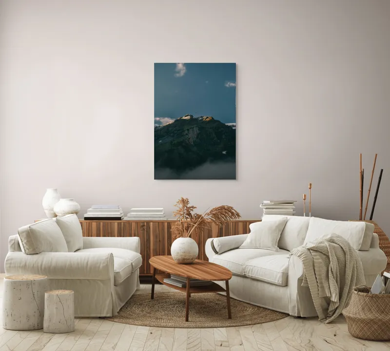 Tablou Canvas, "Lumina dimineții pe vârful muntelui", Munte, Nor, Apus, Raze, Piatra, Cer, Umbra, Lumină, 70 x 100 cm – poza 4