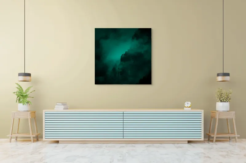 Tablou Canvas, "Muntele învăluit în ceață misterioasă", Abis, Ceață, Mister, Munte, Siluetă, Veridicitate, Umbre., 100 x 100 cm – poza 5