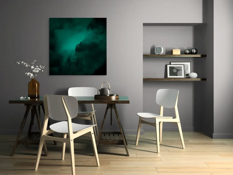 Tablou Canvas, "Muntele învăluit în ceață misterioasă", Abis, Ceață, Mister, Munte, Siluetă, Veridicitate, Umbre., 100 x 100 cm – poza 6