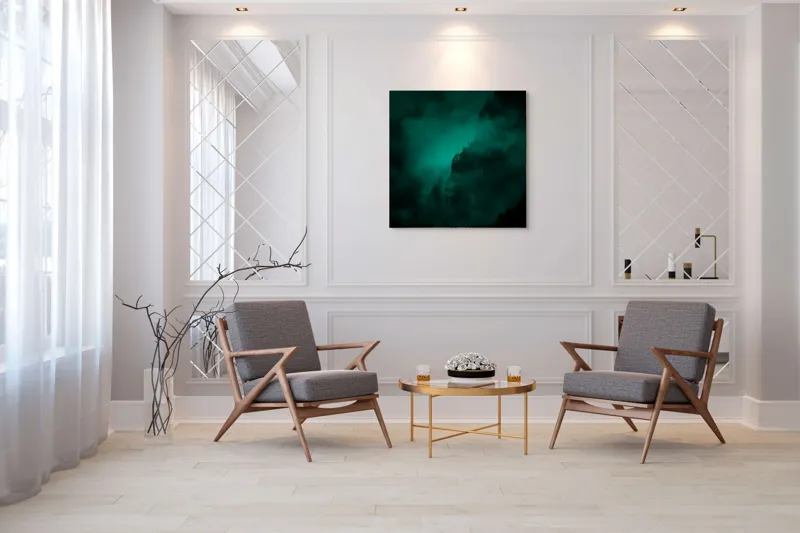 Tablou Canvas, "Muntele învăluit în ceață misterioasă", Abis, Ceață, Mister, Munte, Siluetă, Veridicitate, Umbre., 100 x 100 cm – poza 7