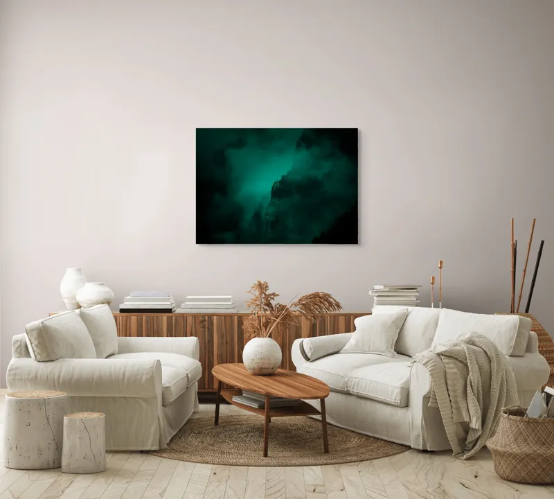 Tablou Canvas, "Muntele învăluit în ceață misterioasă", Abis, Ceață, Mister, Munte, Siluetă, Veridicitate, Umbre., 100 x 70 cm – poza 3