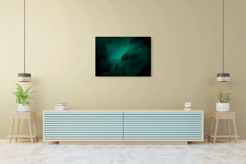 Tablou Canvas, "Muntele învăluit în ceață misterioasă", Abis, Ceață, Mister, Munte, Siluetă, Veridicitate, Umbre., 100 x 70 cm – poza 4