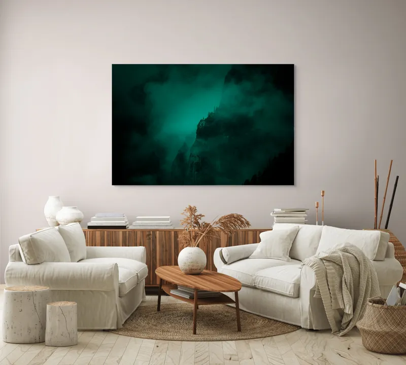 Tablou Canvas, "Muntele învăluit în ceață misterioasă", Abis, Ceață, Mister, Munte, Siluetă, Veridicitate, Umbre., 150 x 100 cm – poza 3
