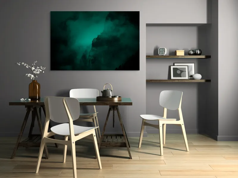 Tablou Canvas, "Muntele învăluit în ceață misterioasă", Abis, Ceață, Mister, Munte, Siluetă, Veridicitate, Umbre., 150 x 100 cm – poza 5