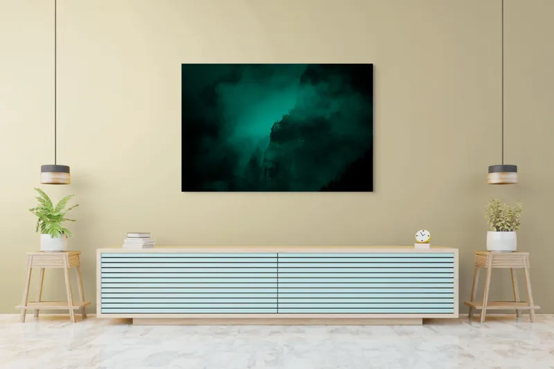 Tablou Canvas, "Muntele învăluit în ceață misterioasă", Abis, Ceață, Mister, Munte, Siluetă, Veridicitate, Umbre., 150 x 100 cm – poza 6