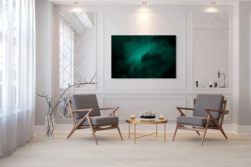 Tablou Canvas, "Muntele învăluit în ceață misterioasă", Abis, Ceață, Mister, Munte, Siluetă, Veridicitate, Umbre., 150 x 100 cm – poza 7