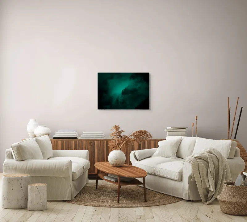 Tablou Canvas, "Muntele învăluit în ceață misterioasă", Abis, Ceață, Mister, Munte, Siluetă, Veridicitate, Umbre., 70 x 50 cm – poza 6
