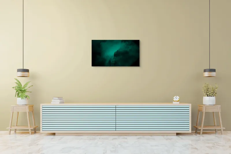Tablou Canvas, "Muntele învăluit în ceață misterioasă", Abis, Ceață, Mister, Munte, Siluetă, Veridicitate, Umbre., 90 x 50 cm – poza 5