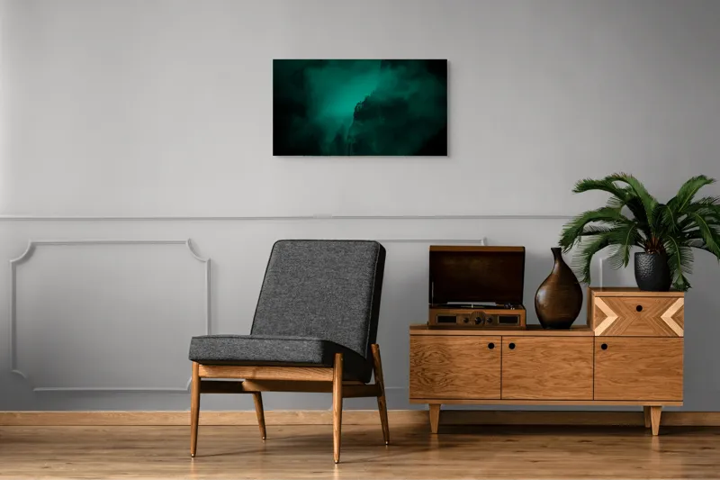 Tablou Canvas, "Muntele învăluit în ceață misterioasă", Abis, Ceață, Mister, Munte, Siluetă, Veridicitate, Umbre., 90 x 50 cm – poza 6
