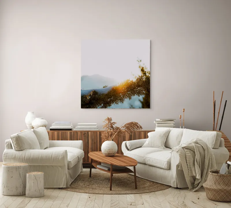 Tablou Canvas, "Raza soarelui printre crengi înzăpezite", Soare, Zăpadă, Ramură, Munte, Cer, Lumină, Iarnă, Peisaj, Natură, Frig., 100 x 100 cm – poza 3