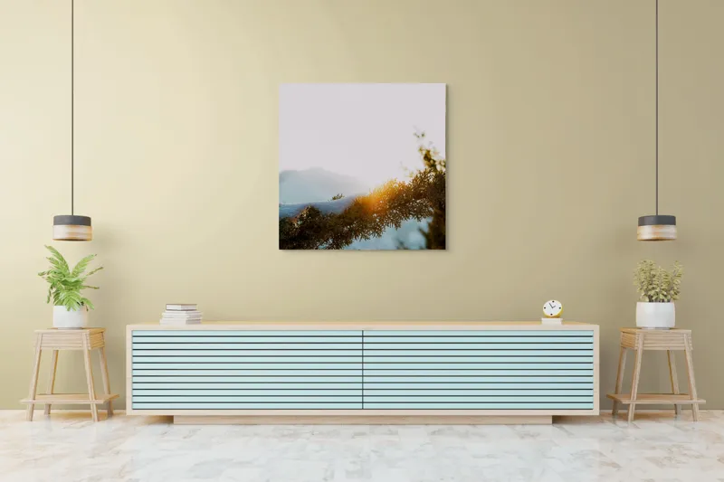 Tablou Canvas, "Raza soarelui printre crengi înzăpezite", Soare, Zăpadă, Ramură, Munte, Cer, Lumină, Iarnă, Peisaj, Natură, Frig., 100 x 100 cm – poza 5